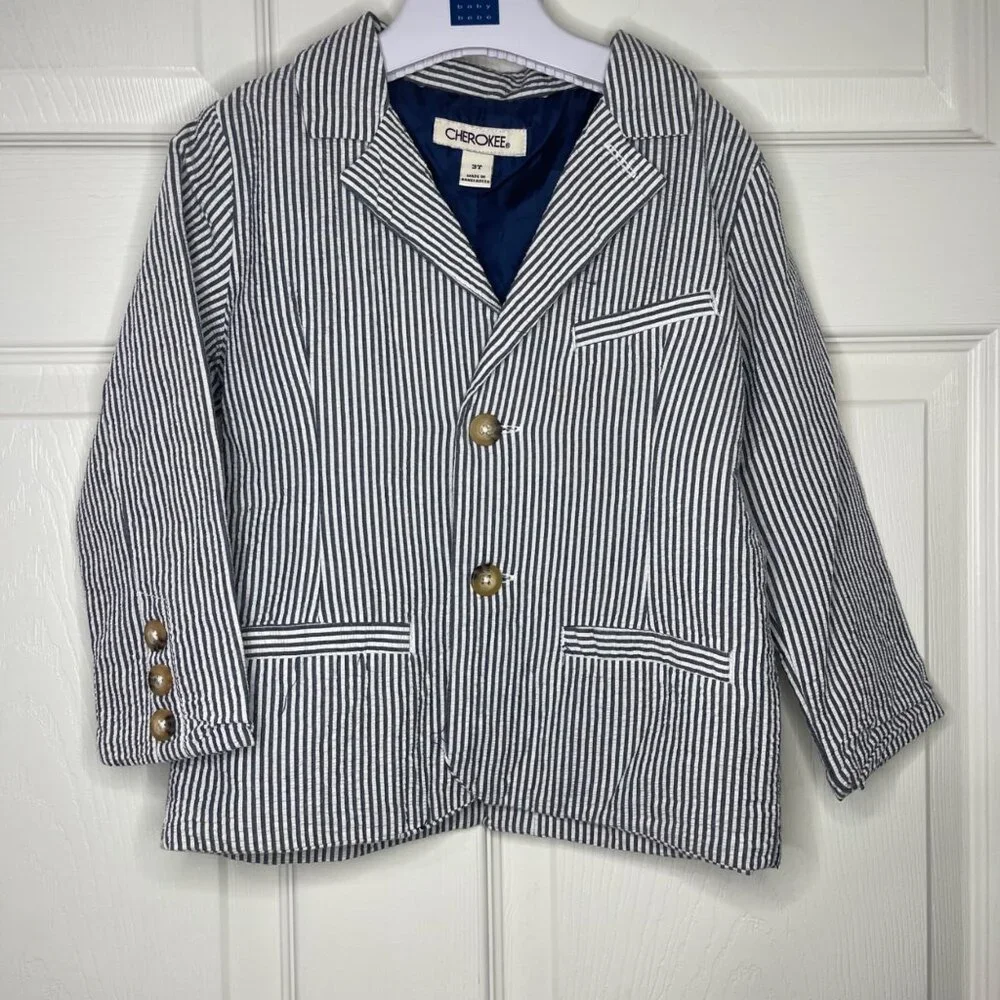 Cherokee Striped Seersucker Blazer Boys Size 3T Blue‎ White Notch Lapel Cotton